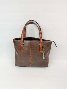 Fossil Pebbled Leather Brown Whipstitch Detail Satchel with Key Charm